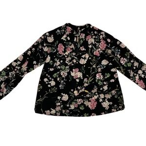 Monteau Black floral print Medium‎ blouse Keyhole Ruffle Longsleeve Fairy Whimsy